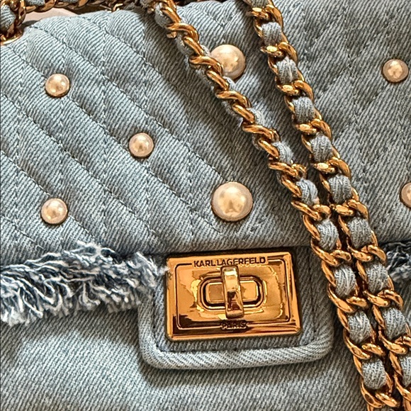 NEW Quilted Denim and Pearl Shoulder Bag with Chain Strap - Picture 6 of 8